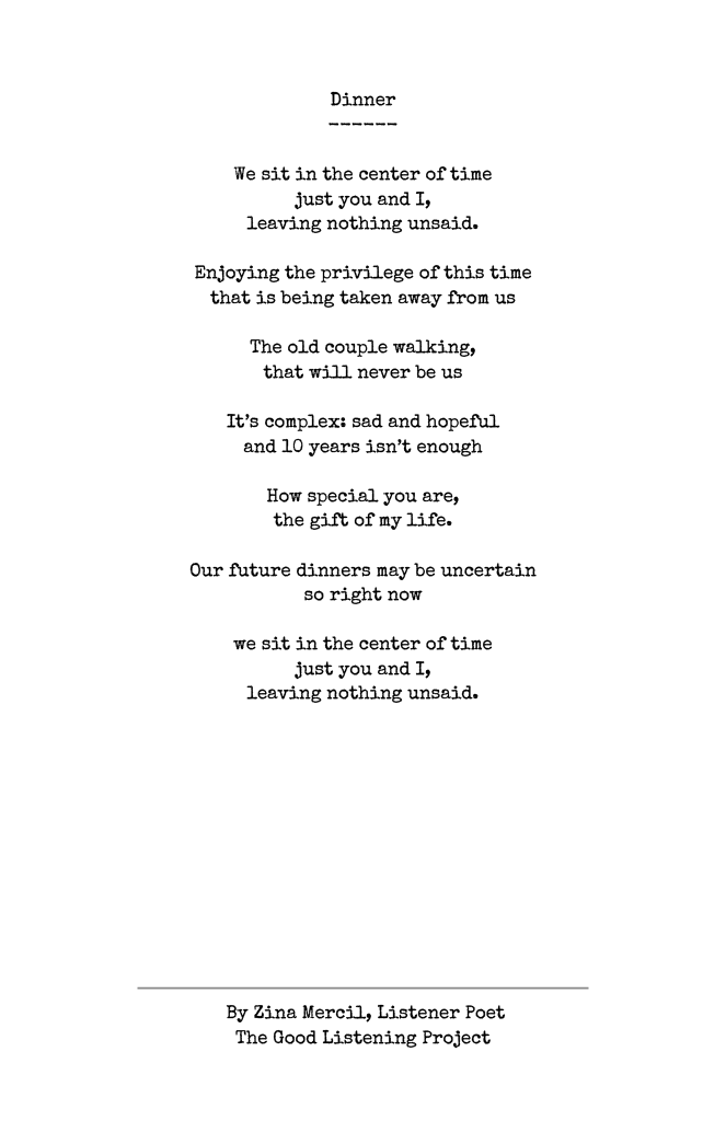 Dinner by Zina Mercil, Listener Poet — The Good Listening Project